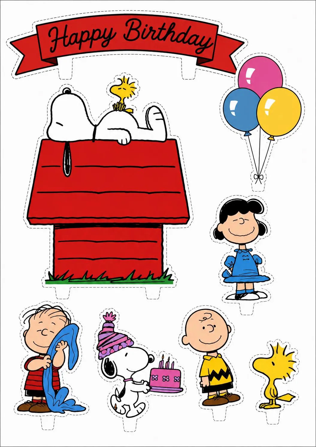 Snoopy resting on a red doghouse beneath a Happy Birthday banner, with balloons, Peanuts friends and Snoopy carrying a pink cake.