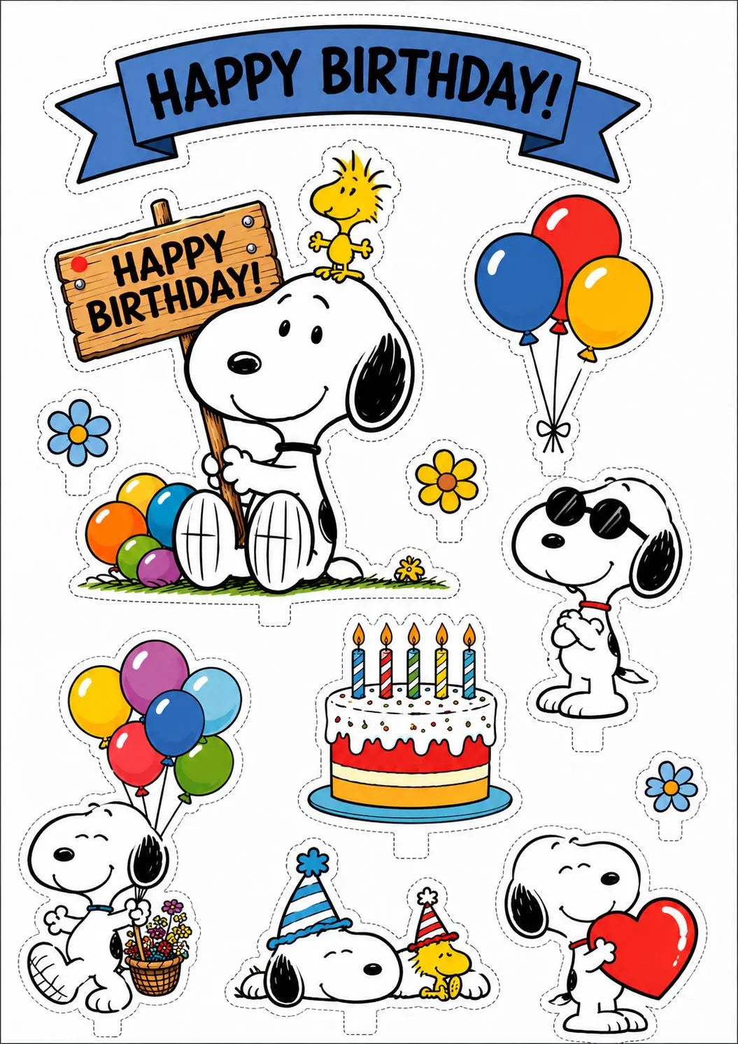 Snoopy edible topper sheet with a blue Happy Birthday banner, birthday sign, balloons, candle cake, flowers and Woodstock in a party hat.