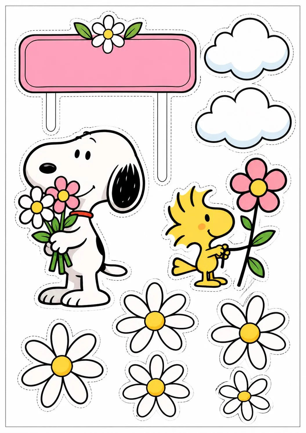 Snoopy holding a bouquet and Woodstock holding a pink flower, with edible topper designs of daisies, clouds and a blank pink sign.
