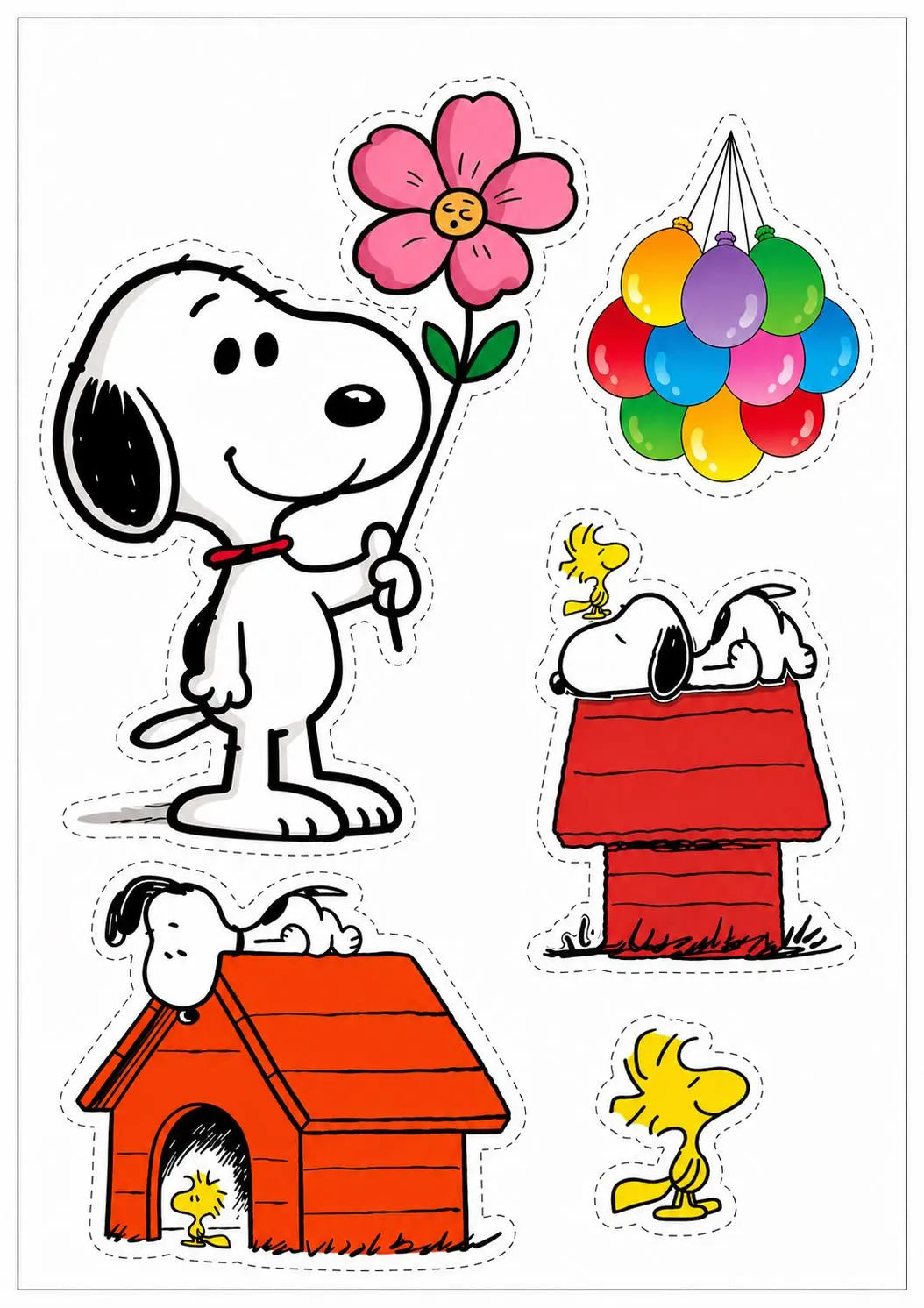Snoopy edible cake topper sheet with a pink flower, colourful balloons, Woodstock and Snoopy resting on red and orange doghouses.