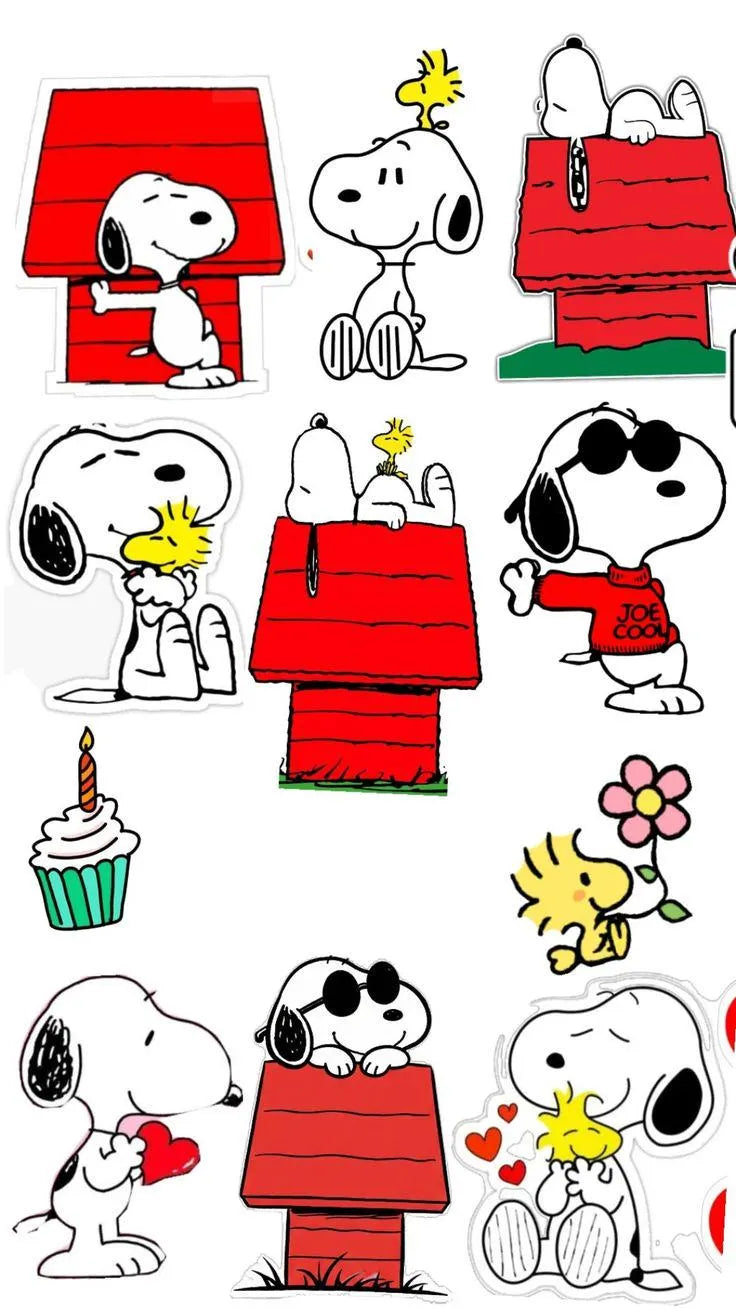 Snoopy edible topper designs with red doghouses, Woodstock, sunglasses, a red shirt, hearts, a cupcake and a pink flower.