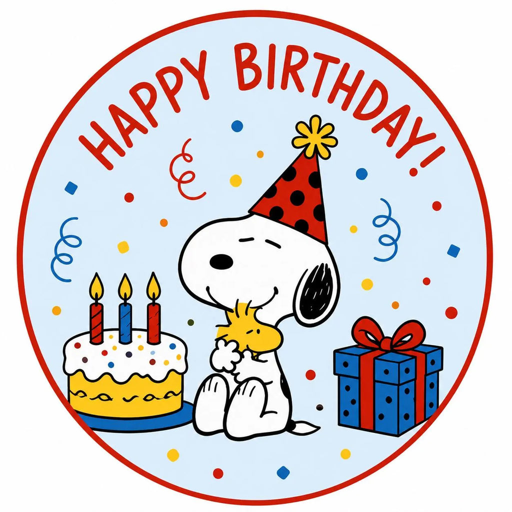 Round pale blue edible cake topper design with Snoopy hugging Woodstock, red Happy Birthday lettering, a candle cake, gift and confetti.
