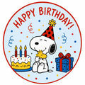 Round pale blue edible cake topper design with Snoopy hugging Woodstock, red Happy Birthday lettering, a candle cake, gift and confetti.