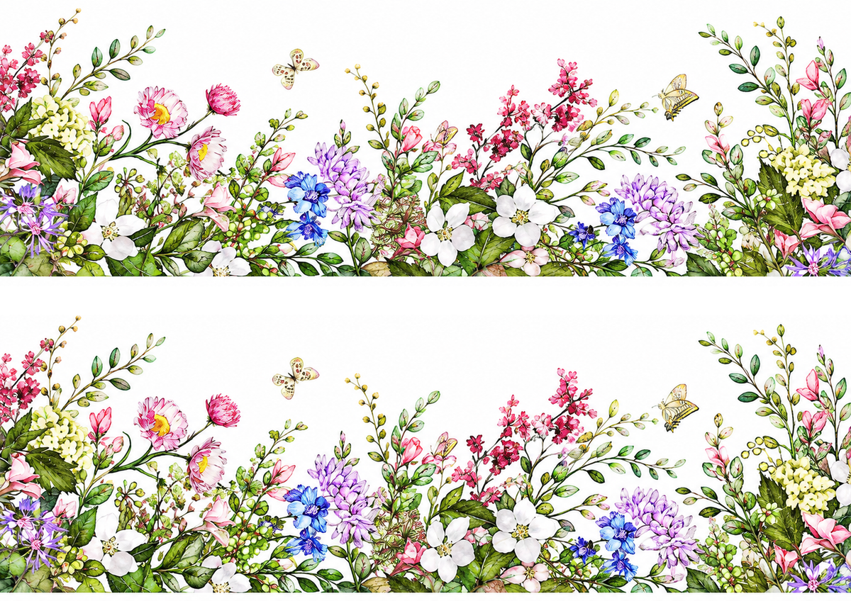 Design 1 two horizontal watercolor spring floral strips on A4 edible cake wrap sheet with 1 cm central gap