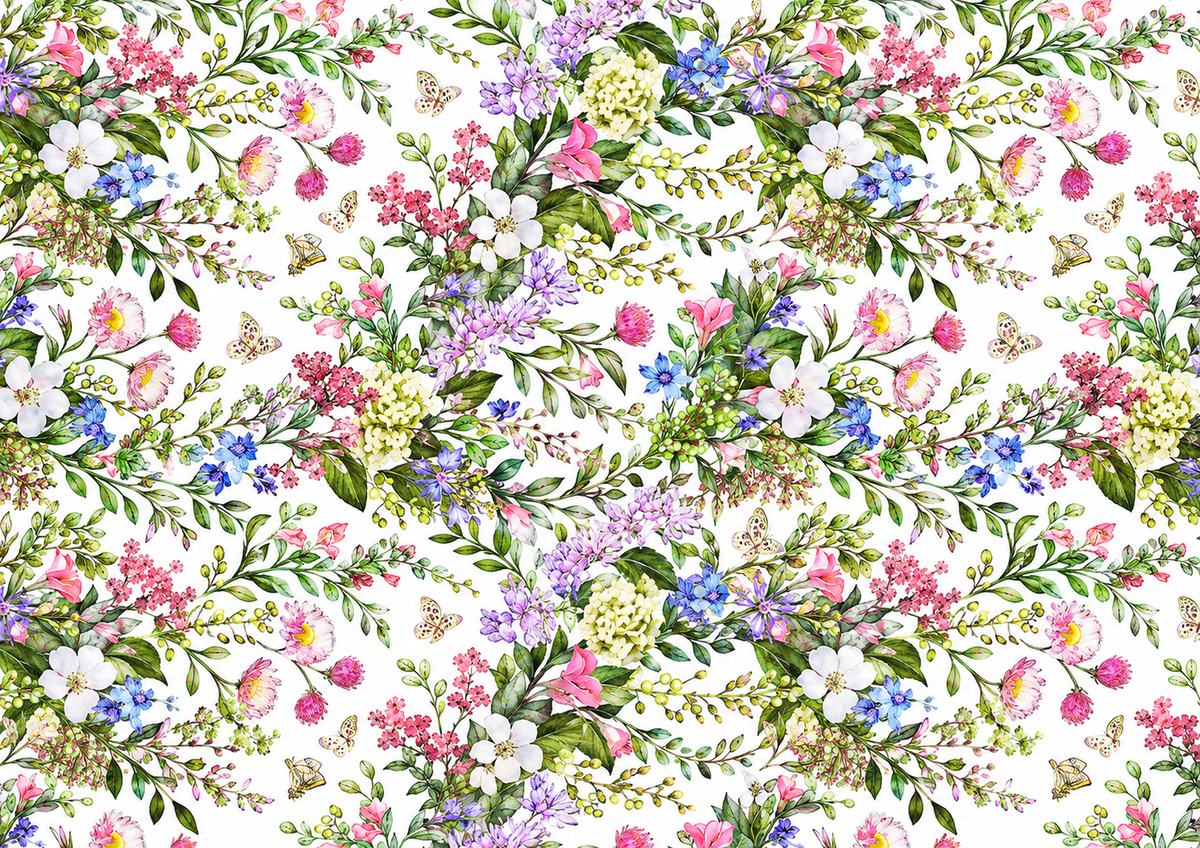 Design 2 full A4 continuous watercolor spring flowers and butterflies edible cake wrap pattern