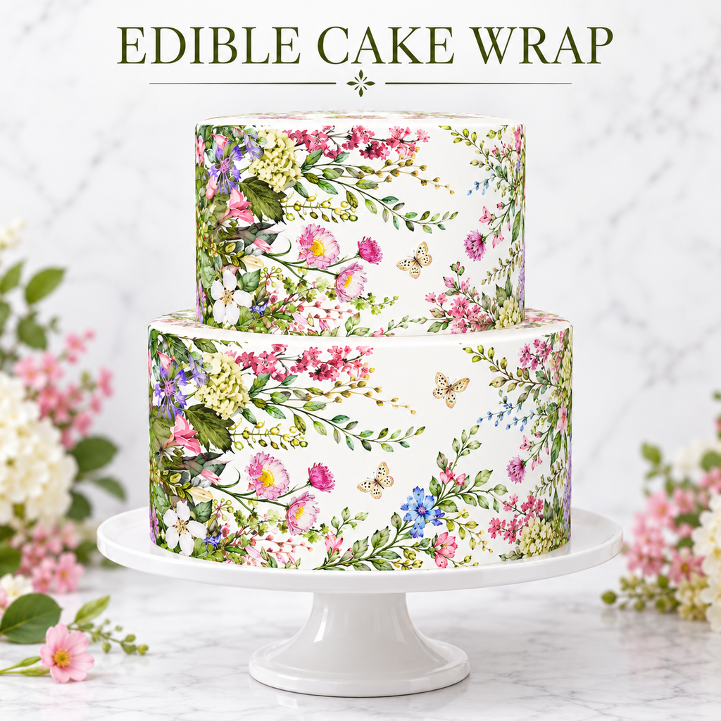 Two-tier floral cake with watercolor spring wildflowers and butterflies edible cake wrap on white pedestal