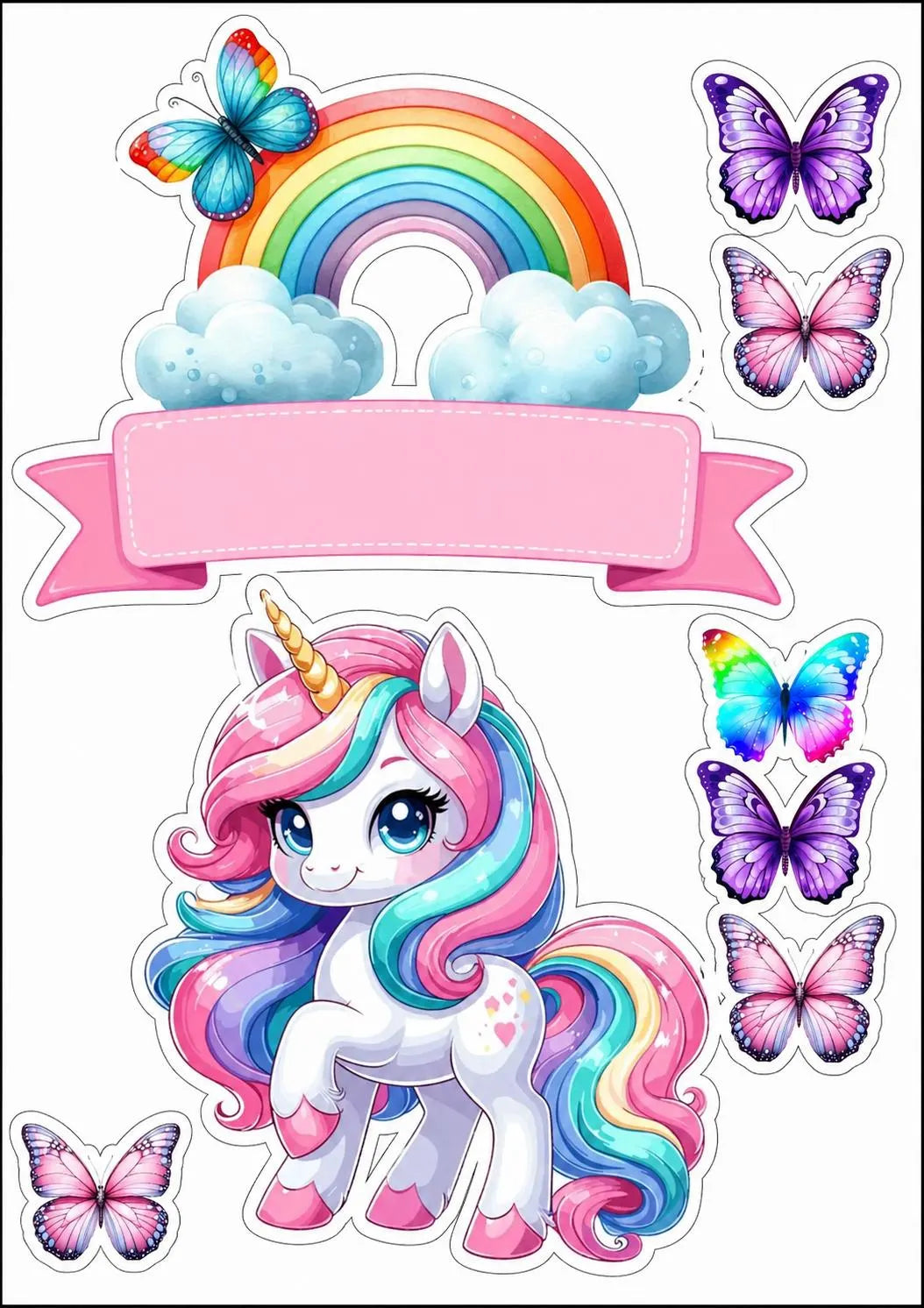 Unicorn rainbow edible cake topper design 8, available in wafer paper or icing sheet.