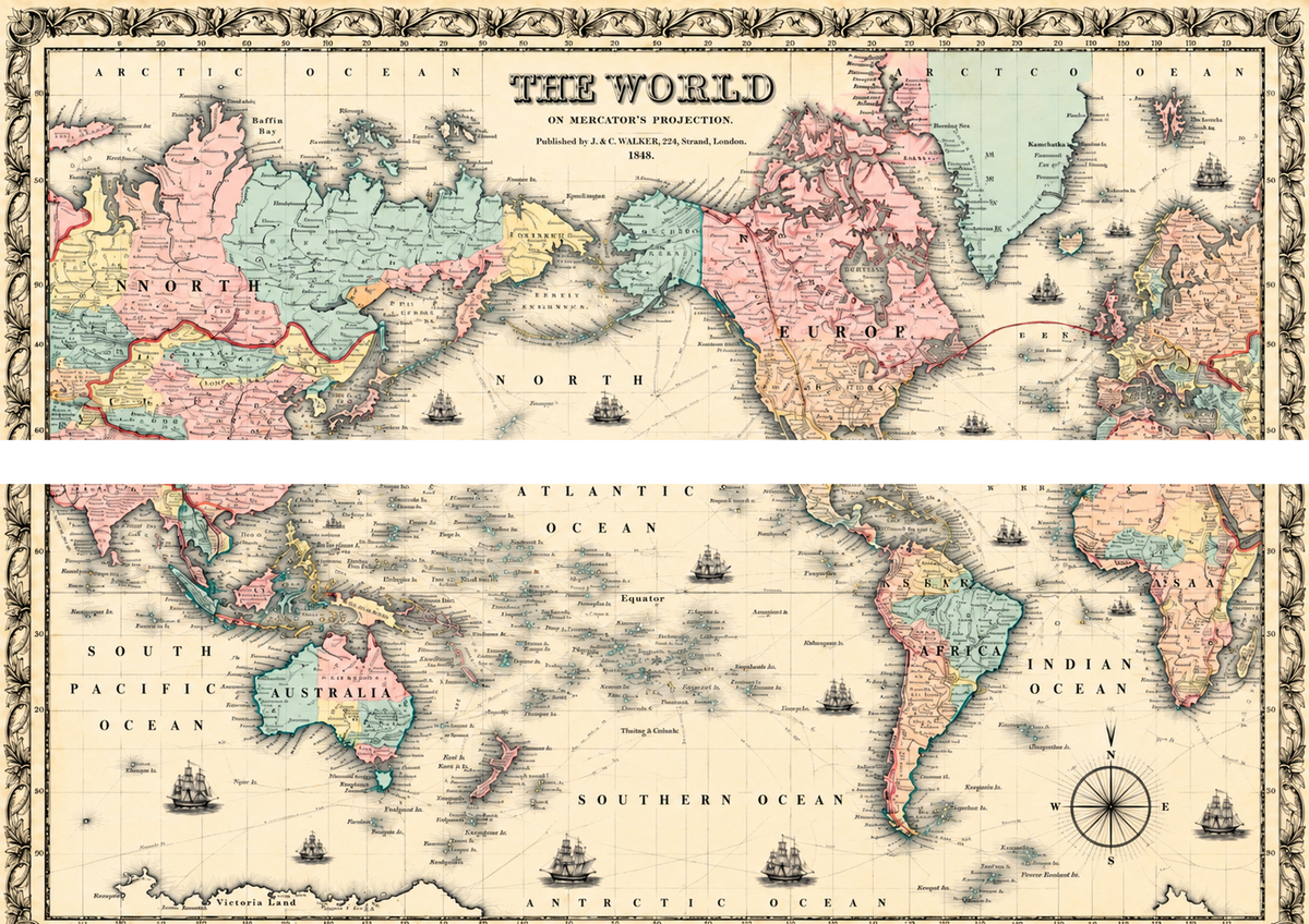 Design 1 two antique world map cake wrap strips on a horizontal A4 sheet, approximately 29.7 by 10 cm each