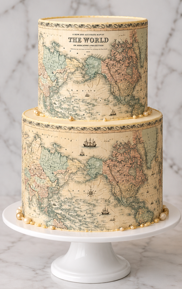 Two-tier cake covered in vintage beige antique world map edible wraps on a white cake stand