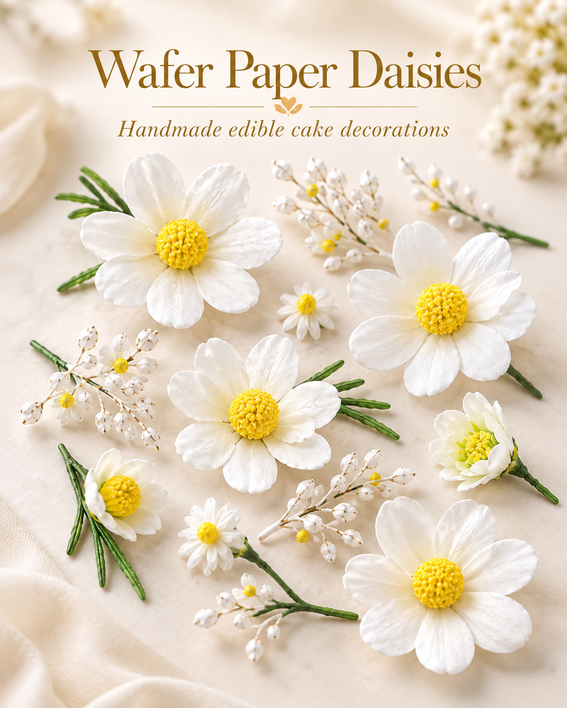 Individual handmade wafer paper daisies with white petals, yellow centres and delicate green floral details.