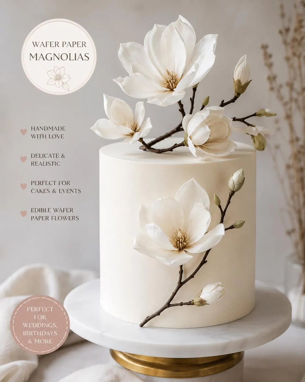 Handmade edible wafer paper magnolia flowers for cake decoration, image 1.