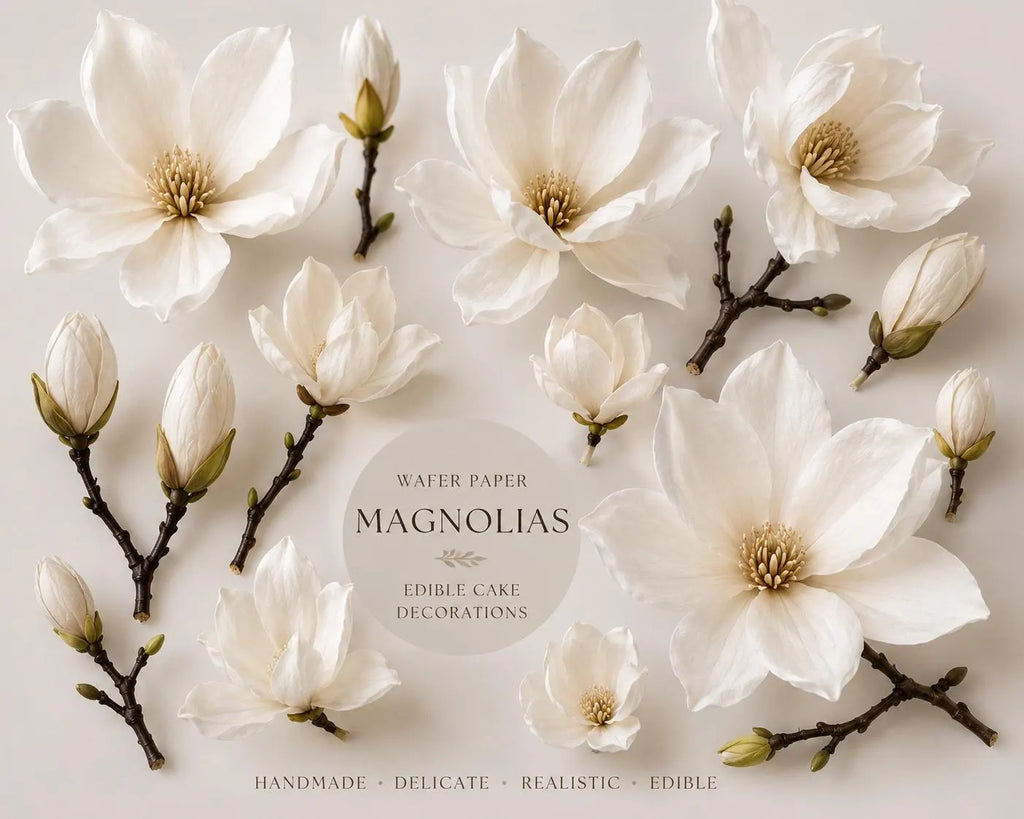 Handmade edible wafer paper magnolia flowers for cake decoration, image 2.