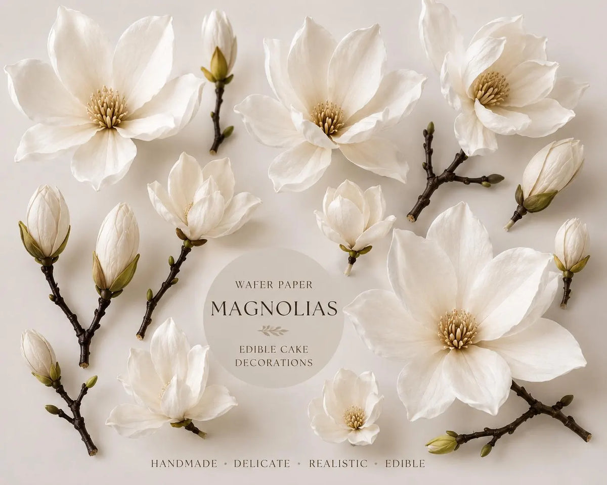 Handmade edible wafer paper magnolia flowers for cake decoration, image 2.