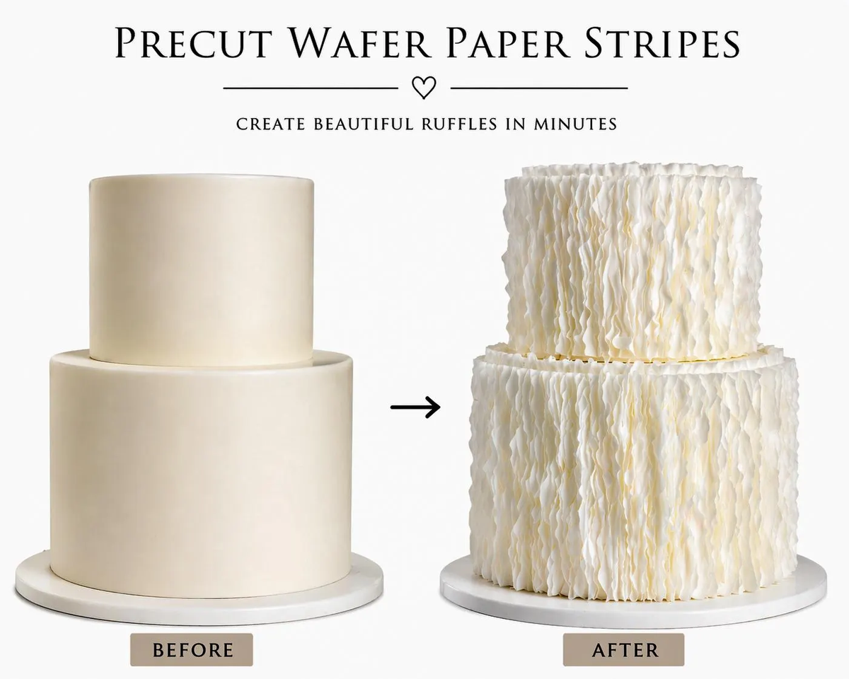 Precut wafer paper strips for handmade cake ruffles and decorative layers.