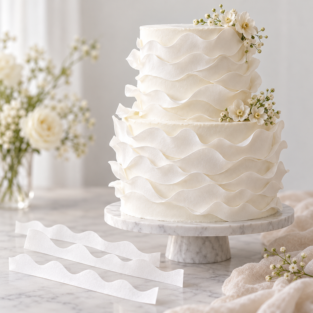 Ready-to-use edible wafer paper strips for textured cake decorations.