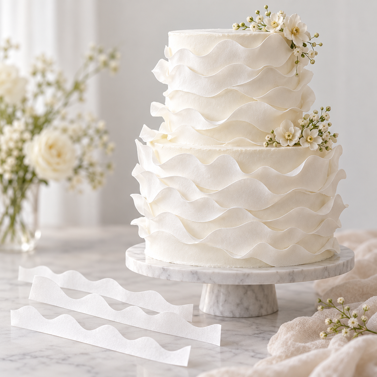 Ready-to-use edible wafer paper strips for textured cake decorations.