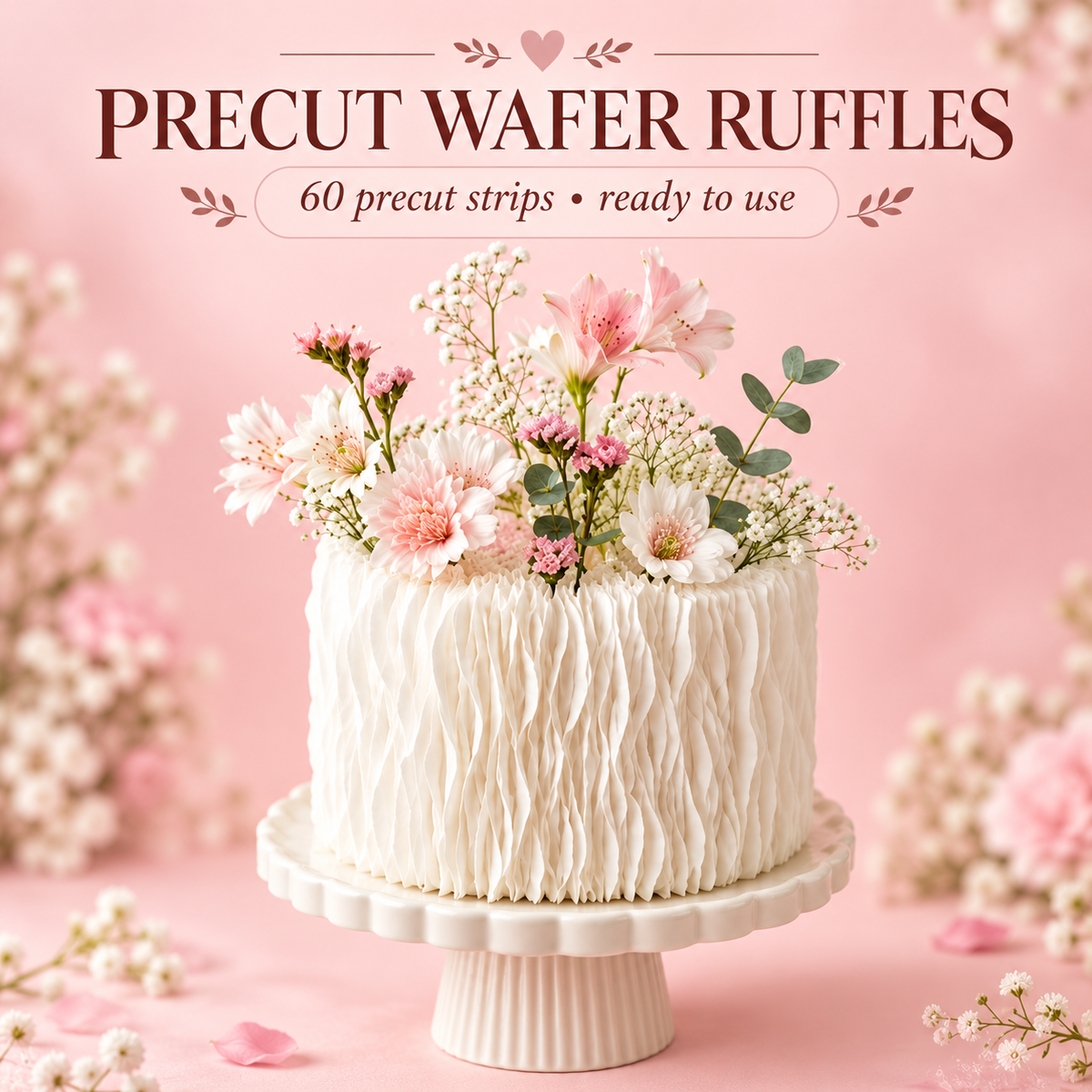 60 precut edible wafer paper ruffle strips for cake decorating, available with straight or wavy edges.