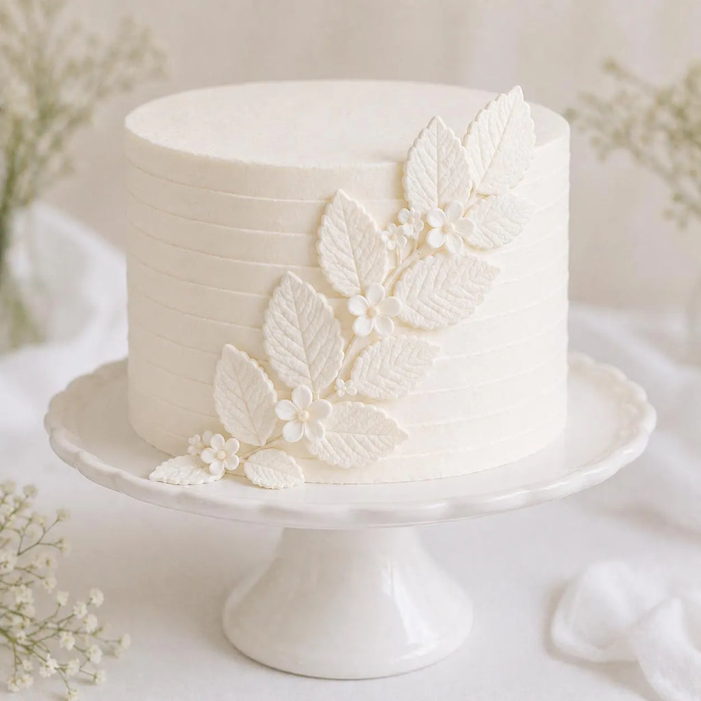 White handmade edible sugar leaves decorating a white wedding cake.