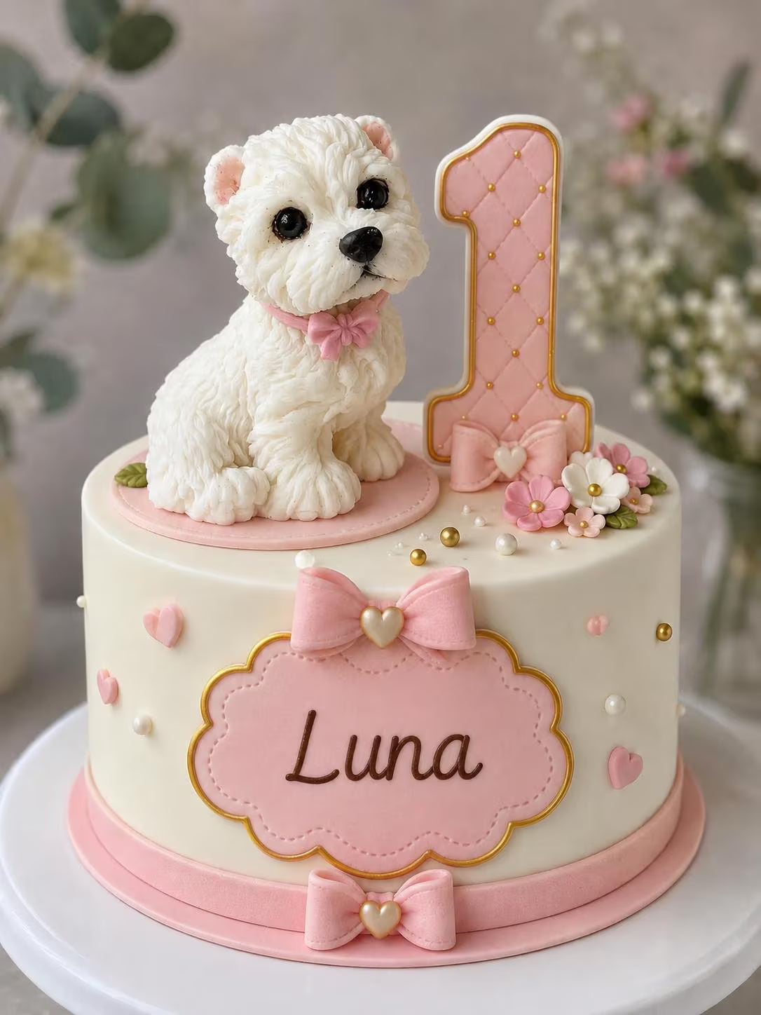 White edible fondant terrier dog with pink bow and personalised birthday cake decorations.