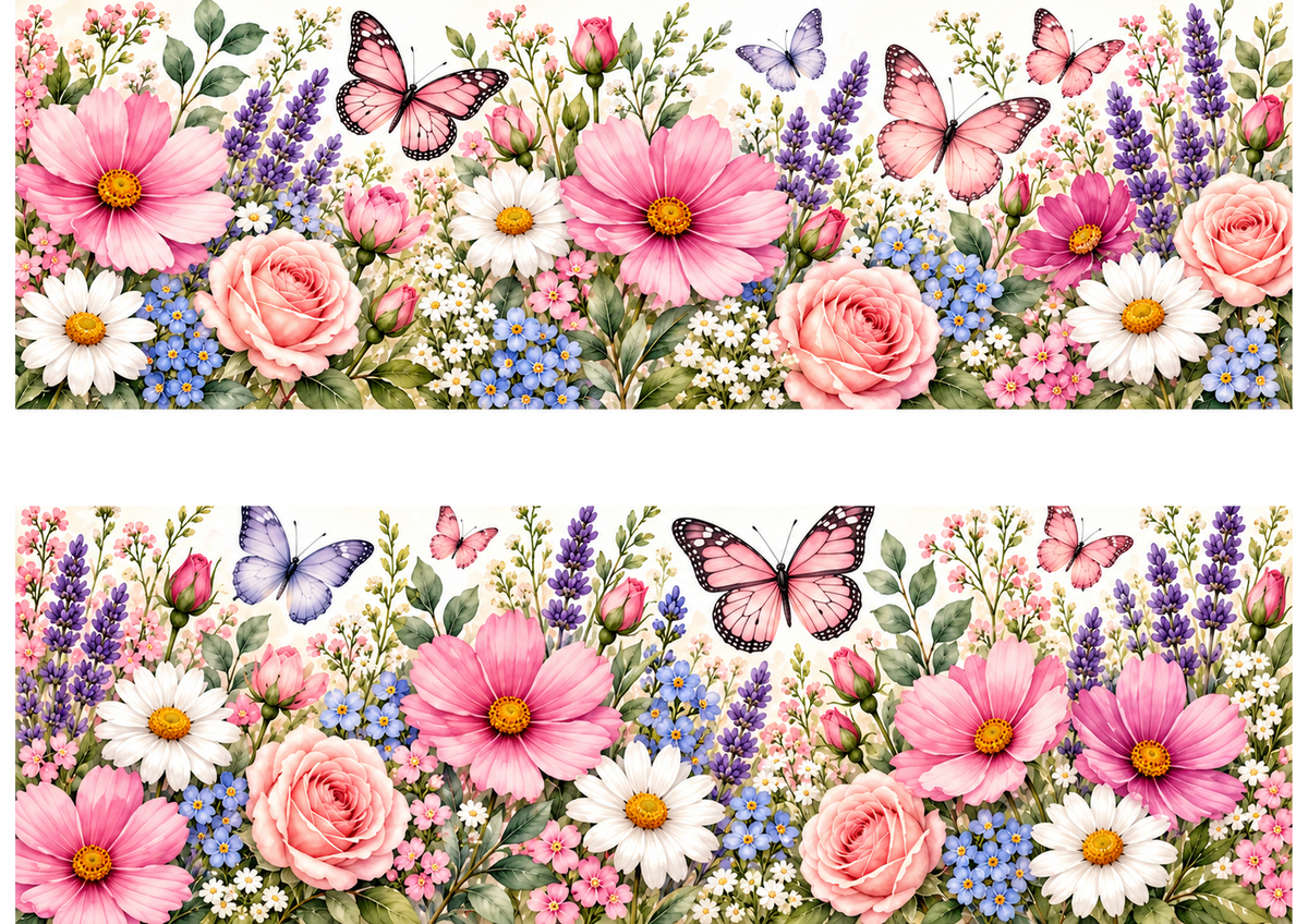 Wildflower butterfly cake wrap A4 layout with two 29 by 9.5 cm edible floral strips and 2 cm cutting gap