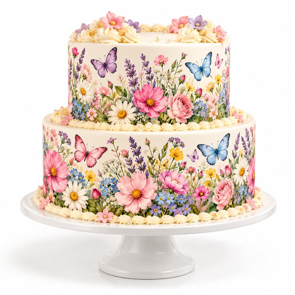 Two-tier celebration cake with floral butterfly watercolor edible cake wrap on a white stand