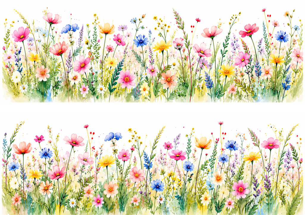 Design 1: two coordinating floral watercolor cake wrap strips on an A4 landscape edible sheet, separated by approximately 1 cm