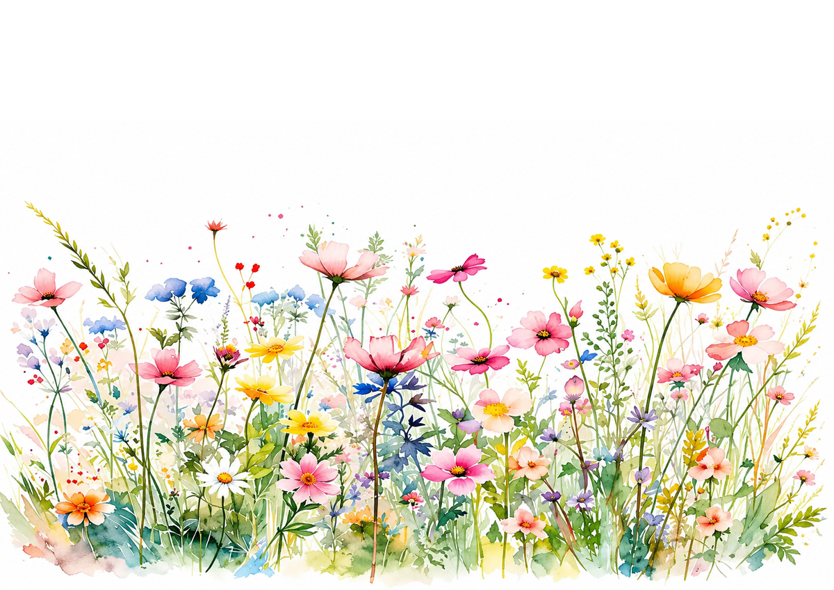 Design 2: full A4 landscape edible icing sheet print of colorful watercolor wildflowers on a white background