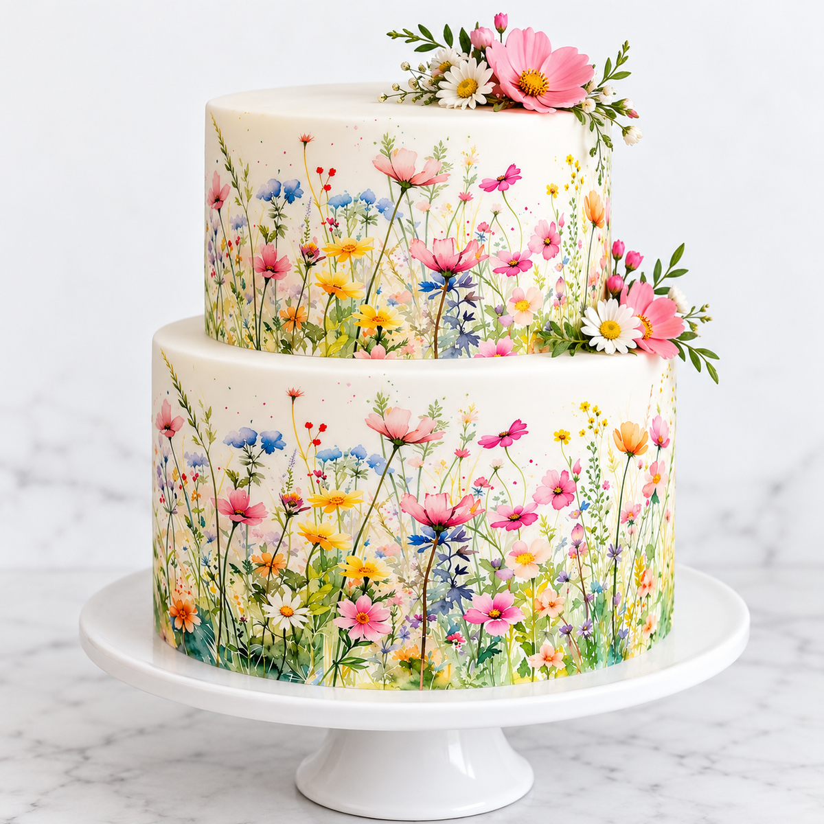 Two-tier white cake covered with pastel wildflower meadow watercolor edible cake wraps on a white pedestal