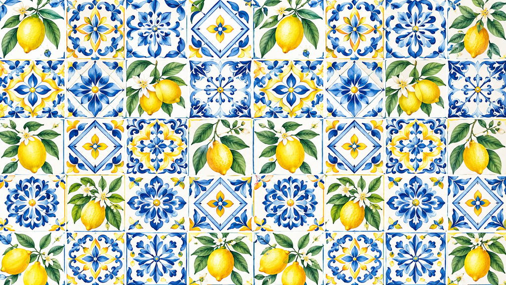 Flat Portuguese azulejo edible wrap with blue, white and yellow lemon tile design