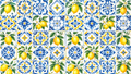 Flat Portuguese azulejo edible wrap with blue, white and yellow lemon tile design