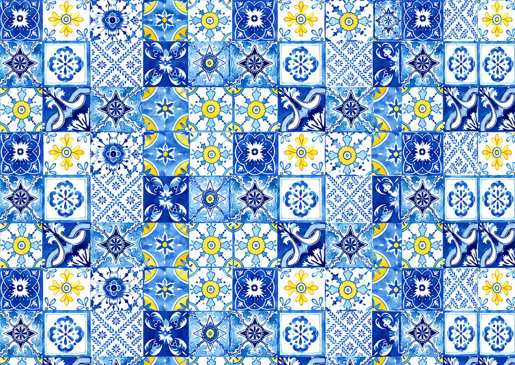 Flat blue and white Italian tile pattern for an edible cake wrap