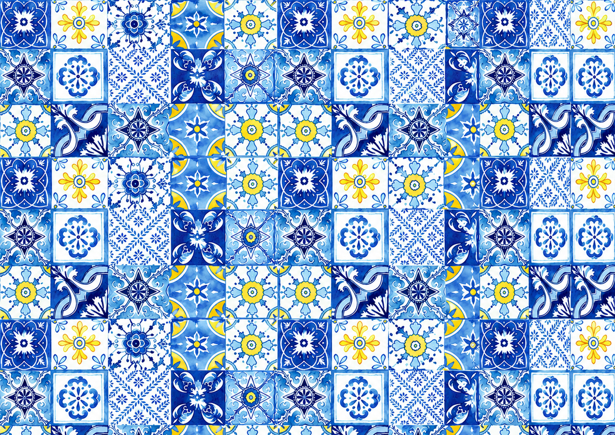 Flat blue and white Italian tile pattern for an edible cake wrap