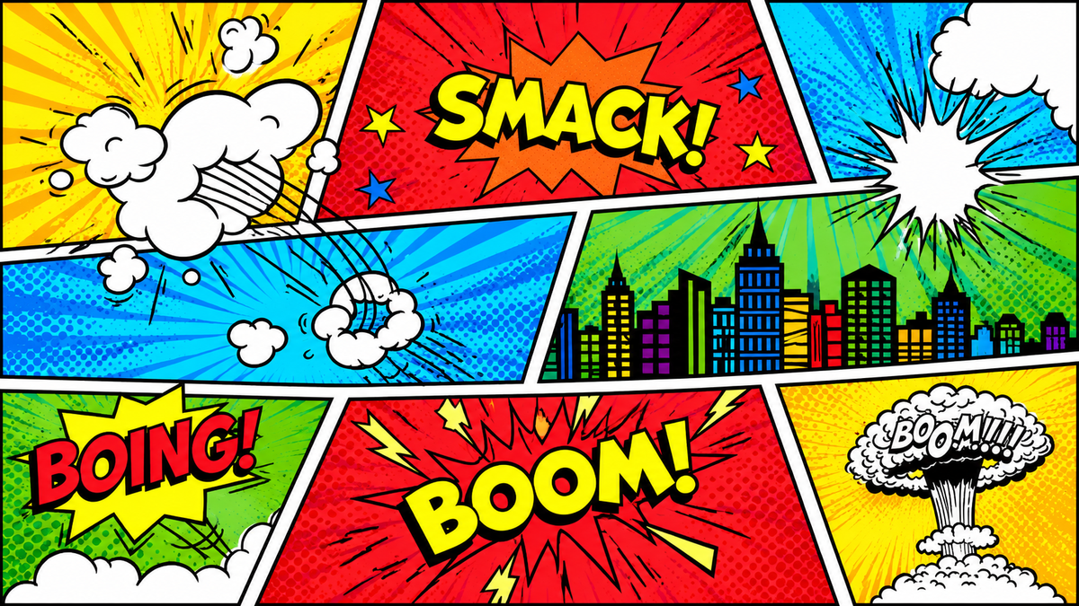 Panoramic superhero comic cake wrap print with colourful action words and pop art panels