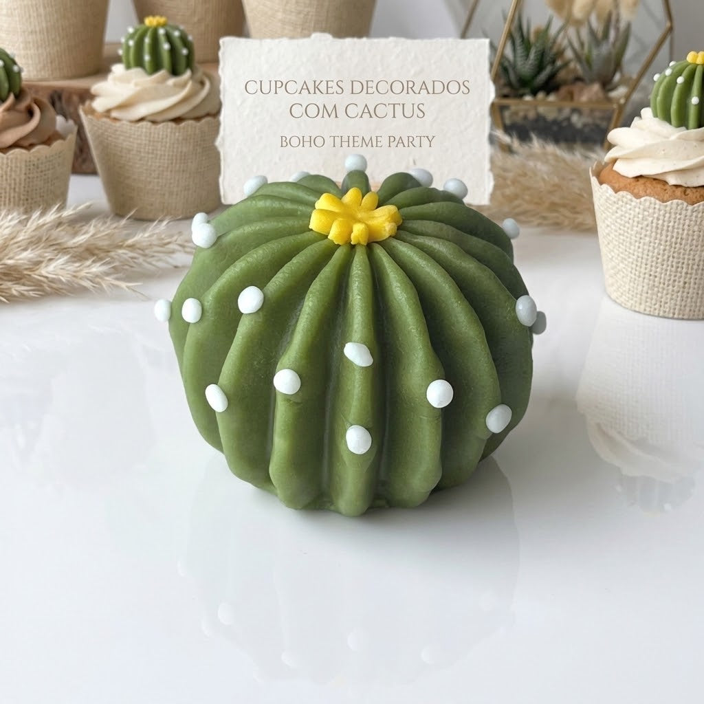 Handmade edible cactus sugar paste cake toppers for desert-themed birthday cakes.