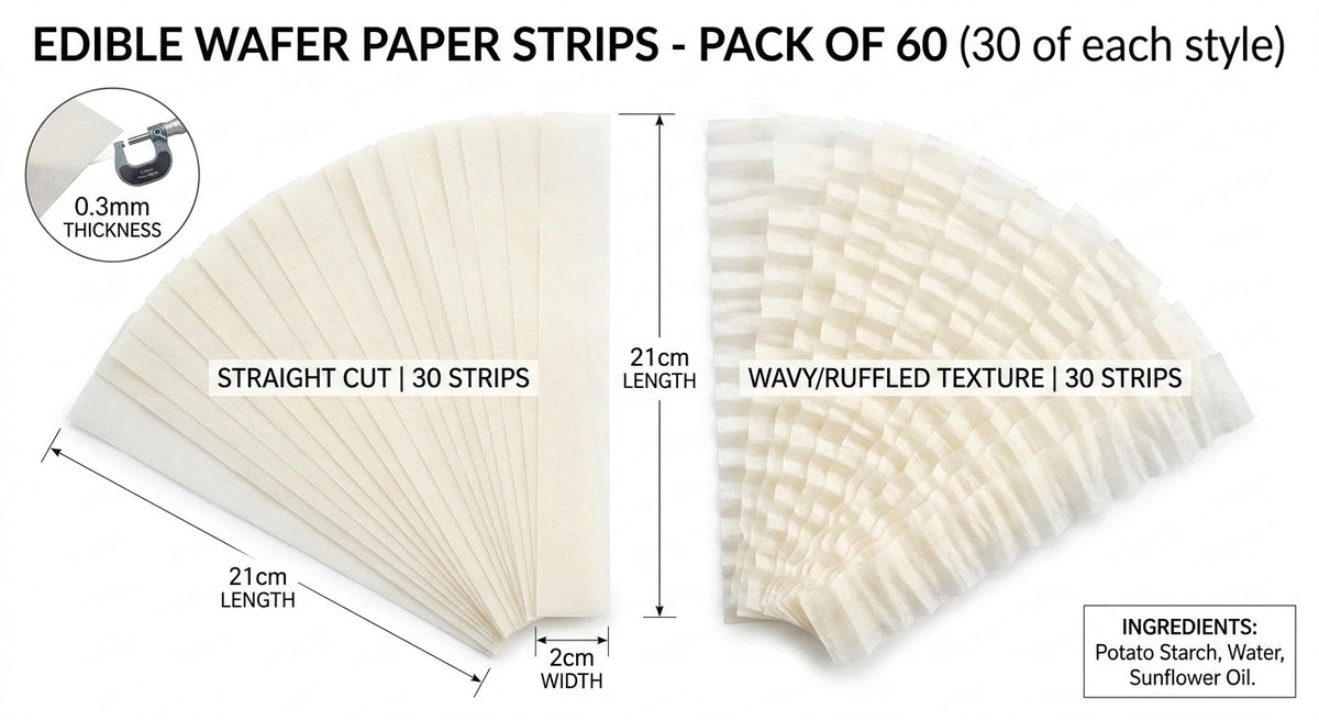 Precut Wafer Paper Strips – 60 Straight & Wavy Edible Ruffles